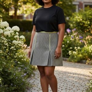 Lane Bryant Black and White Houndstooth A-line Skirt Green Trim Holiday Office